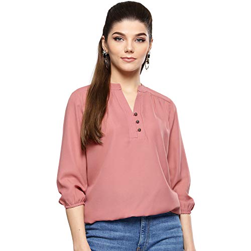 Harpa Women Round Neck Solid Pink Top (GR5691_Pink-Medium)