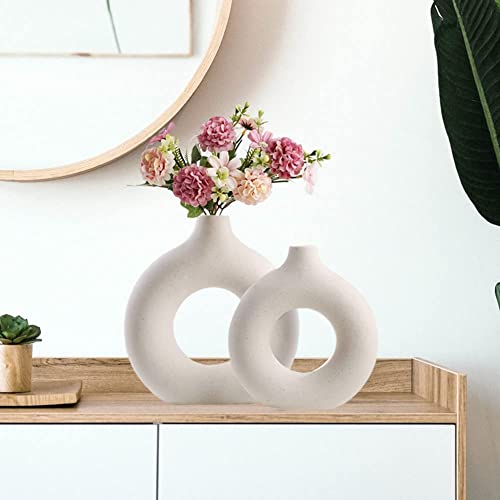 INDULGE HOMES - White Vase/Flower Vase/Pampas Grass Vase/Ceramic Vase/Round Shaped Vase/Home Decor Centrepiece/Decor Showpiece Donut Vase 6 & 8 Inches (Pack of 2)
