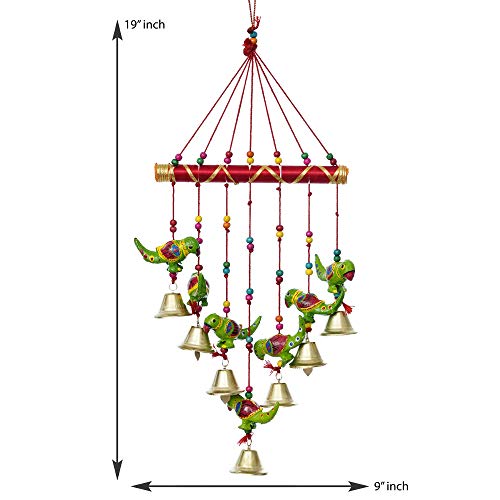 JaipurCrafts Handcrafted Rajasthani Bells Birds Parrot Design Wood Door Wall Hanging Decorative Showpiece for Home and Office Decor Diwali Gift Items - 45 cm (Wood) (Design 9)