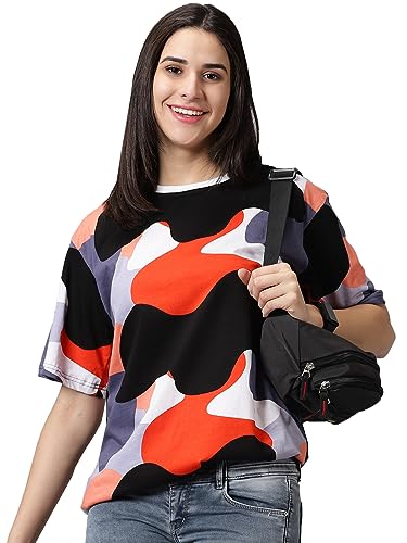 RodZen Oversized Half Sleeves 100% Cotton Round Neck Printed Multicolour T-Shirt for Womens/Girls(Cowprint, XL)