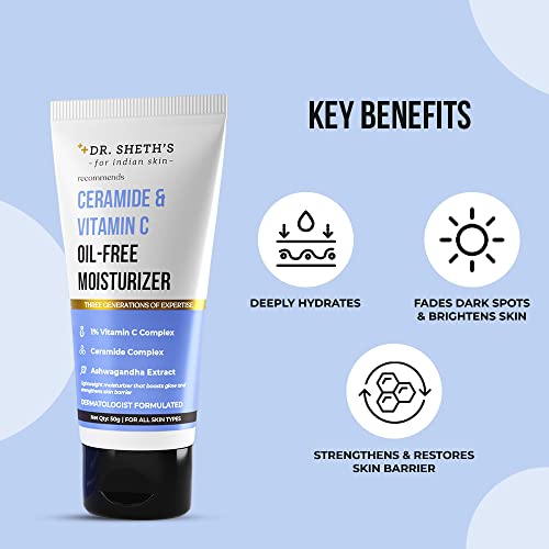 Dr. Sheth’s Ceramide & Vitamin C Oil - Free Moisturizer| Lightweight Moisturizer to Hydrate & Brighten Skin | With Vitamin C, Ceramide & Ashwagandha | For Women & Men | 50g