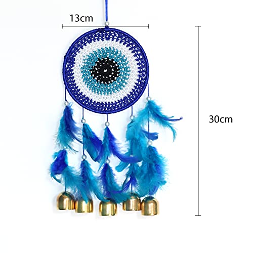 RPH Handicrafts Metal, Bell, Feather, Bead, Thread Wind Chime Dream Catcher for Wall Decor, Bedroom, Balcony, Garden, Kids Room (30 cm x 13 cm) Small (Evil Eye), Blue Eye