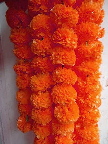 ABHAAS 10 Pcs Indian Handmade Artificial Marigold Garland Flowers for Decoration Long for Door Decoration Toran Genda Phool for Wedding/Festivals|5 Feet| 5 Yellow + 5 Orange|10 Strings