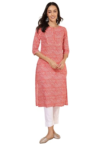 Janasya Women's Red Cotton Striped Straight Kurta(JNE4241-KR-XL)