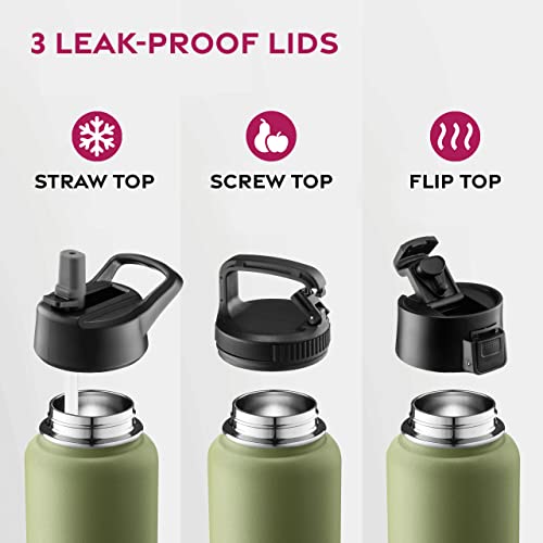 FineDine Triple Insulated Stainless Steel Water Bottle with Straw Lid - Flip Top Lid - Wide Mouth Cap Insulated Water Bottles, Keeps Hot and Cold 750ml Army Green