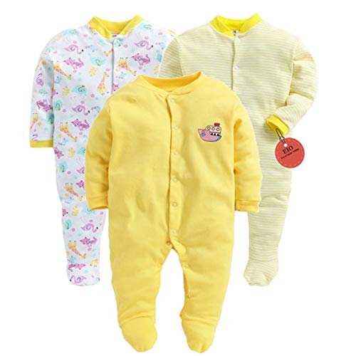 EIO® 100% Cotton Rompers Sleepsuits Jumpsuit Night Suits for Infants Newborn Baby Boys & Girls Pack of 3 (0-3 Months, Yellow)