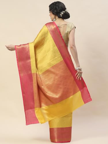 Meena Bazaar Zari Jaal Cotton Woven Saree With Blouse (Mustard)