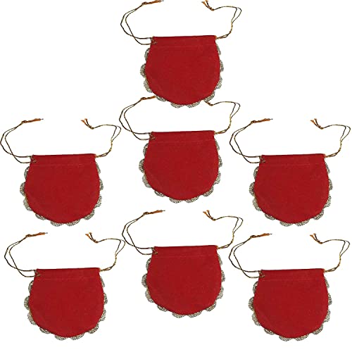 Salvus App SOLUTIONS Red Small Velvet Potli Bag - Elegant and Versatile Accessory for Wedding Gift, Set of 7 (5x6 cm)