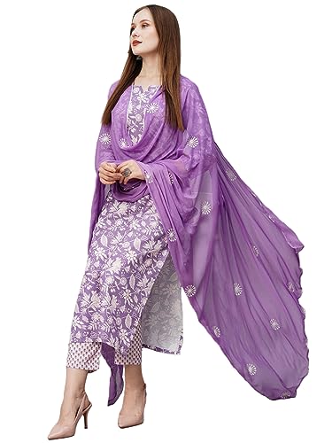 GoSriKi Women's Cotton Blend Floral Straight Kurta with Pant & Dupatta (MEI Purple-NW-GS