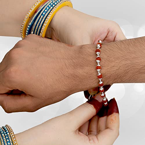 Njels™ 925 BIS Hallmarked Dual Silver Wire Rudraksha Bracelet with Length Extension for Men & Boys (6.0 MM Natural Rudraksha) | Gift for Him