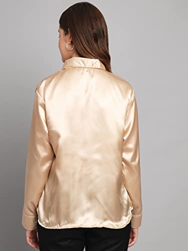 FUNDAY FASHION Women Solid Formal Satin Shirt (Large, Golden)