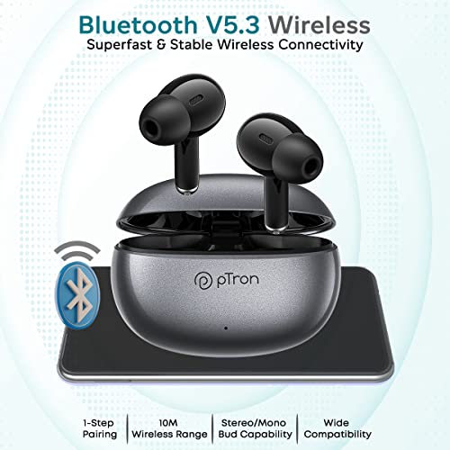 pTron Bassbuds Eon Truly Wireless in Ear Earbuds with Mic,ENC, 13mm Driver, Stereo Sound, BT 5.3 Headphone, Quick Pairing, Touch Control, Fast Charging & 30Hrs Playtime, IPX4 & Voice Asst (Grey/Black)