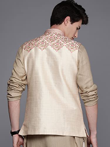 Manyavar Mens Jacket, Nehru Jacket for Men, Ethnic Jacket For Festival, Wedding, Party, Sleevless Jacket Art Silk (Beige, L)