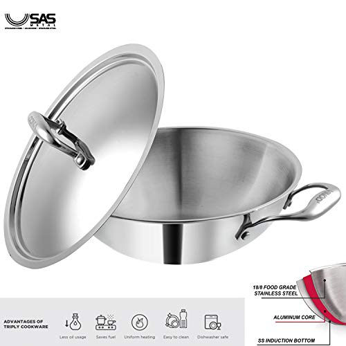 Vinod Coookware Platinum Triply Stainless Steel Kadai with Stainless Steel Lid 3.2 litres (26 cm Diameter), Induction and Gas Stove Friendly,Silver