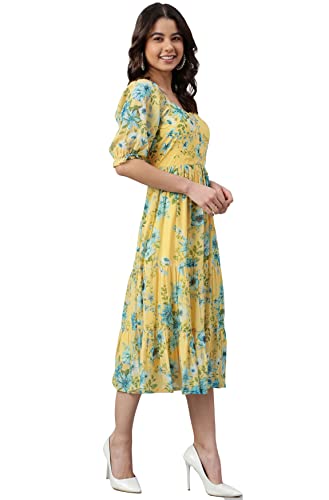 Janasya Women's Yellow Georgette Floral Print Flared Western Dress(J0433, L)