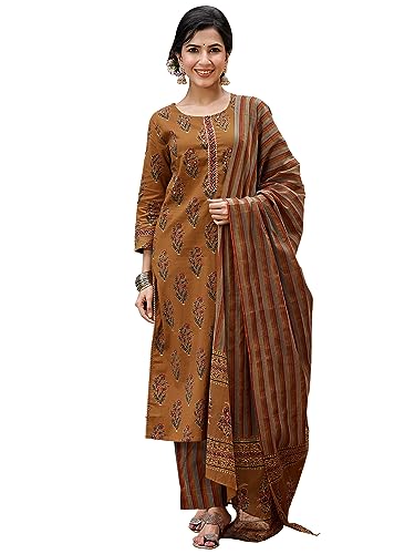 Vaamsi Women's Cotton Blend Floral Printed Straight Kurta Pant with Dupatta (VKSKD1242_Brown_4XL)