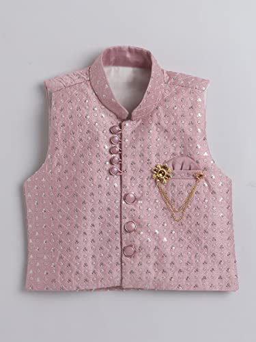 AHHAAAA Kids Ethnic Cotton Silk Blend Nehru Modi Jacket Kurta & Pyjama Set for Boys (Pink, 6-7 Yrs) 8104