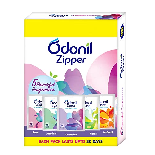 Odonil Bathroom Air Freshener Zipper Mix - 50g (10gx5) | Assorted Pack | Instant & Long Lasting Fragrance | Lasts upto 30 days | Germ Protection