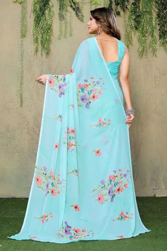 Yashika Women's Trendy Printed Georgette Color Saree with Blouse Material(Vinita Sky Blue) (Barsha-P Blue19)