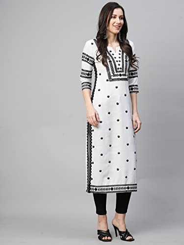 GoSriKi Women's Cotton Blend Embroidered Straight Kurta (Stho-White-Nw2-GS_XL_White_X-Large)