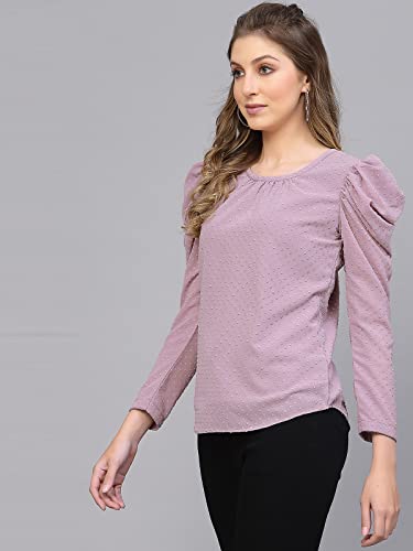 Selvia Women's Dyed Puff Sleeve Rotto Butti Round Neck Casual Top(430TK381N-Xl_Lavender4)