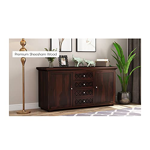 WOODSTAGE Sheesham Wood Sideboard Cabinet Multipurpose Storage Cabinets with 4 Drawers & 2 Cabinets for Living Room Home Office Wooden Furniture Kitchen Cabinet (Walnut Finish)