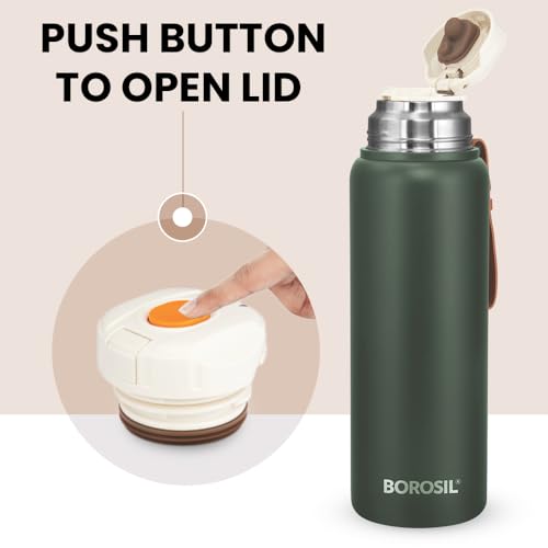 Borosil Hydra Cruise 900 ml Insulated Water Bottle, Green Stainless Steel Bottle, with Double Wall Vacuum Insulation, 17 Hours Hot & 20 Hours Cold, 1 Year Warranty