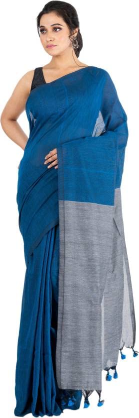 Bong ButiQ Women & Girls Embroidered Solid/Plain Bollywood Handloom Cotton Blend Saree For Office | Party | Casual (Blue)