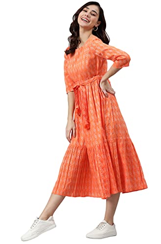 Janasya Women's Orange Cotton Woven Design Tiered Western Dress(JNE3870-DR-L)