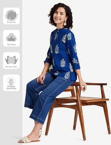 Amazon Brand - Myx Women's Cotton Screen Print Straight Short Kurti (SS19MYXTP019A1_Indigo 1_XL)