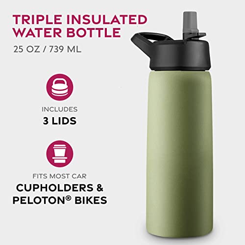 FineDine Triple Insulated Stainless Steel Water Bottle with Straw Lid - Flip Top Lid - Wide Mouth Cap Insulated Water Bottles, Keeps Hot and Cold 750ml Army Green