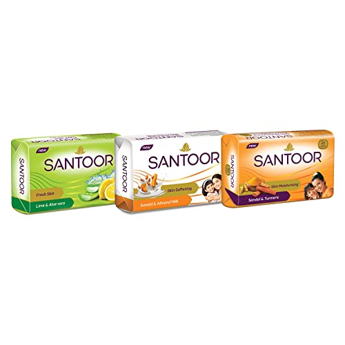 Santoor Sandalwood and Almond milk Organic Soft Bath Soap for Softer, Smoother and Moisturised Skin, Combo Offer 150 g pack of 6