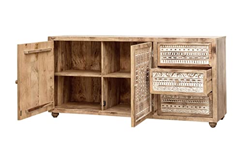 The Attic Jodhpur Large Sideboard|Kitchen and Living Room Storage|Solid Wood|Natural Antique + White Matte Finish