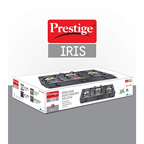 Prestige IRIS Toughened Glass-Top 3 Brass Burner LPG Gas Stove | Black Spill Proof Design | Ergonomic Knob | Tri-Pin Burners