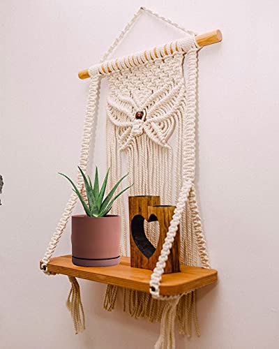 ACN Kohinoor|Handmade Macrame Wall Hanging Shelf, Boho Decorative Floating Shelve With Pinewood Plank For Home Decor Gift, Nursery, Living Room, Party Decoration Size 12 X 5 X 24 In(1-Pcs), Off-White