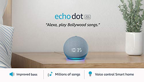 Echo Dot (4th Gen, 2020 release) with clock | Next generation smart speaker with powerful bass, LED display and Alexa (Blue)