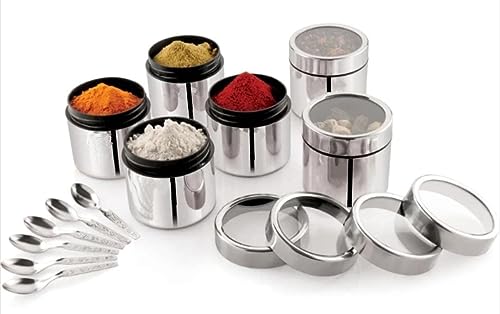 ATROCK® Containers For Kitchen Storage | Jars & Containers Set of 6 With 6 Spoon | Grocery Containers | 175ml Each Container | Stainless Steel Storage Containers