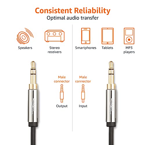 Amazon Basics 3.5 mm Male to Male Stereo Audio Aux Cable, Tablet, Smartphone 4 Feet, 1.2 Meters (Black, Silver) 2-Pack