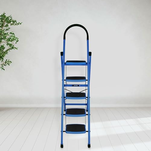 Plantex Premium Steel Foldable 5-Step Ladder for Home - Wide Anti Skid Step Ladder (Blue & Black)