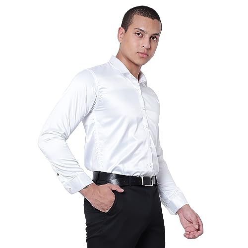 CVC by Solid Men's 100% Thai Silk Solid Full Sleeves Regular Fit Causal/Formal Shirt (38, White)