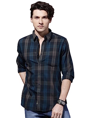 IndoPrimo Men's Classic Fit Checks Cotton Casual Shirt for Men Full Sleeves - Lexus (Large, Navy Blue)