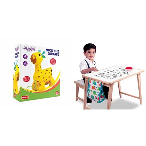 Giggles Nico The Giraffe, Yellow & Giggles - 9924300 Activity Table & Stool, Foldable Wooden Study Set with Storage Bag and White Board