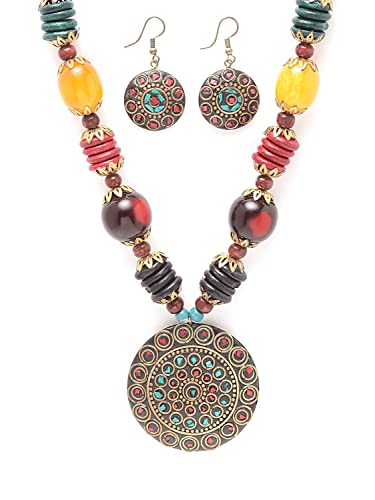 Shining Diva Fashion Latest Stylish Traditional Tibetan Pendant Necklace Jewellery Set for Women (13208s) (Style01)