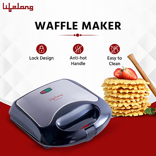 Lifelong LLWM105 750-Watt Belgian Waffle Maker for Home| Makes 2 Square Shape Waffles| Non-stick Plates| Easy to Use with Indicator Lights (1 Year Warranty, Black)