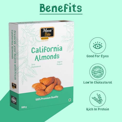 MevaBite 100% Natural Premium California Almonds - 1kg of Quality Badam Giri for Nutritious Delights - Real Nuts | High in Fiber Whole Natural Badam Dry Fruits 1kg | 500g x 2 - (Grade - Independence)