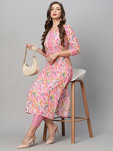 ANNI DESIGNER Women's Cotton Blend Straight Printed Kurta with Pant Set (Pahal Pink_XL_Pink_X-Large)
