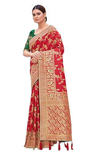 Monjolika Fashion Women's Banarasi Silk Blend Zari Woven Work With Tussles Saree and Embroidered Work Blouse Piece (37769 color) (Red)