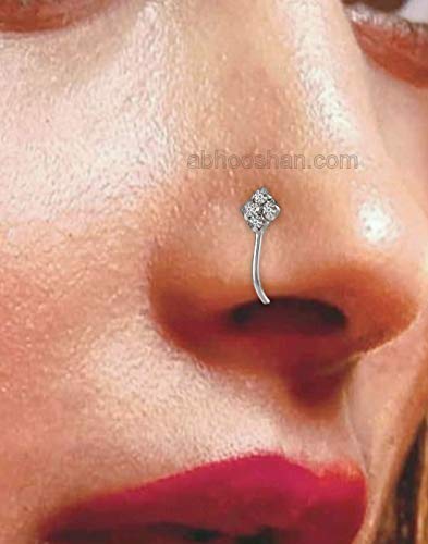 abhooshan 92.5 Sterling Silver Light Weighted Clip On Nose Pin with Cubic Zirconia (CZ) Stones. Non Piercing Nose Pin for Girls and Women Wife Sister Friend (White Zirconia)