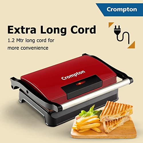 Crompton QuickServe 2 Slice Panini Maker with Floating Hinges | 700W Sandwich Maker | Golden Food Grade Non-Stick Coating Plates Sandwich Maker (Red)