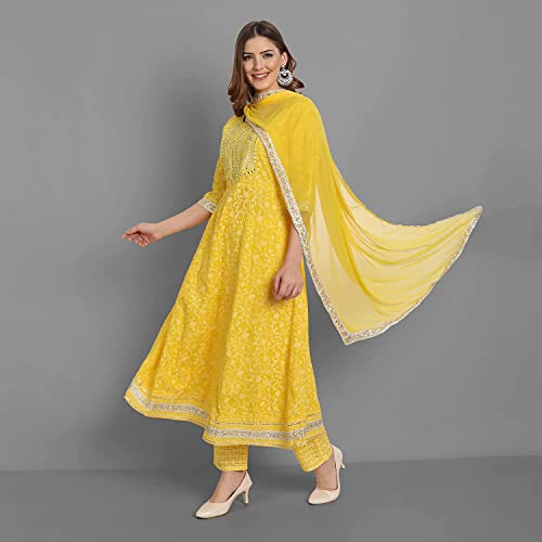 Rangnavi Women Rayon Anarkali Embroidered Printed Kurta Pant and Dupatta Set Yellow